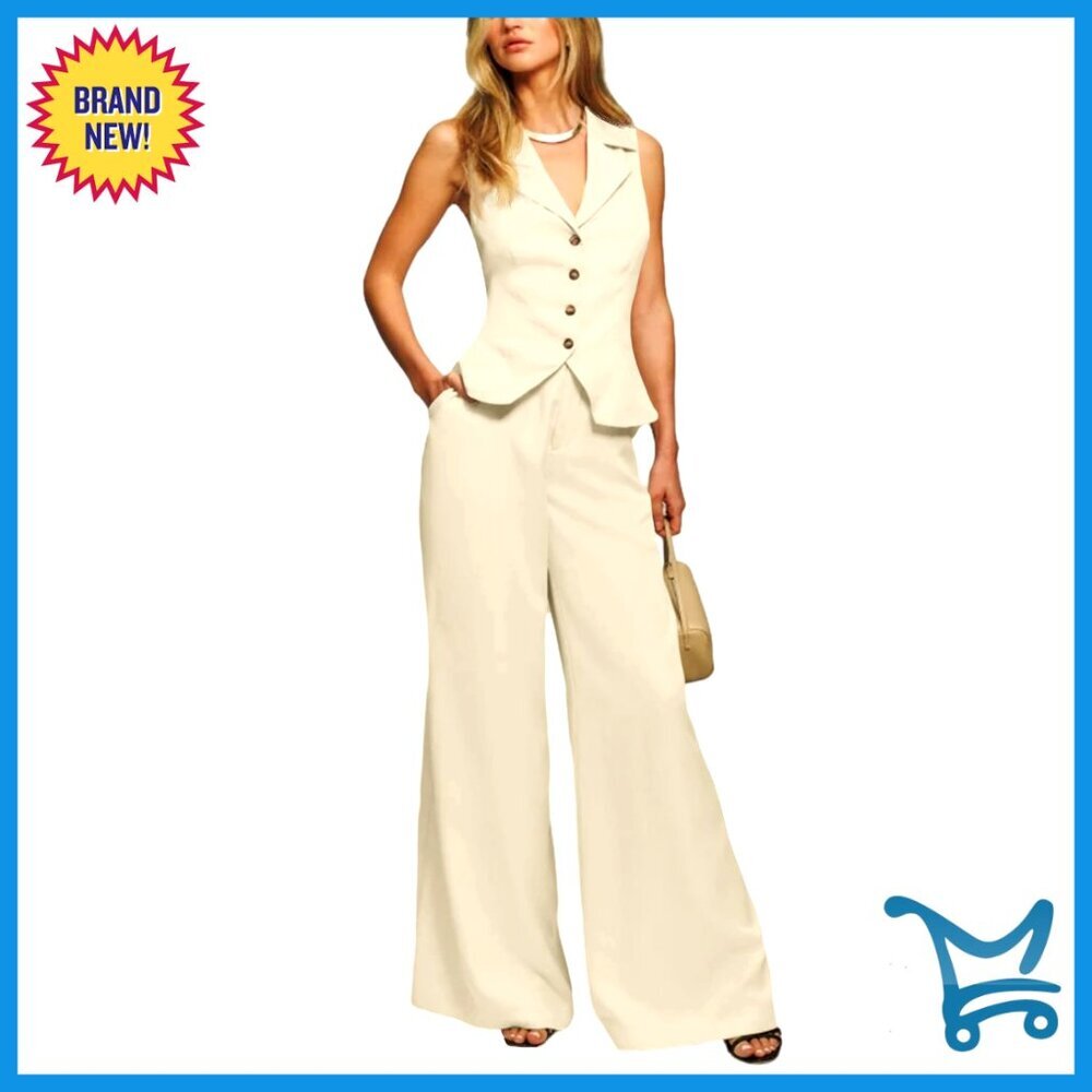Wide Leg Pant Suit Set, 2-Piece Vest and Pants, Lightweight Fabric